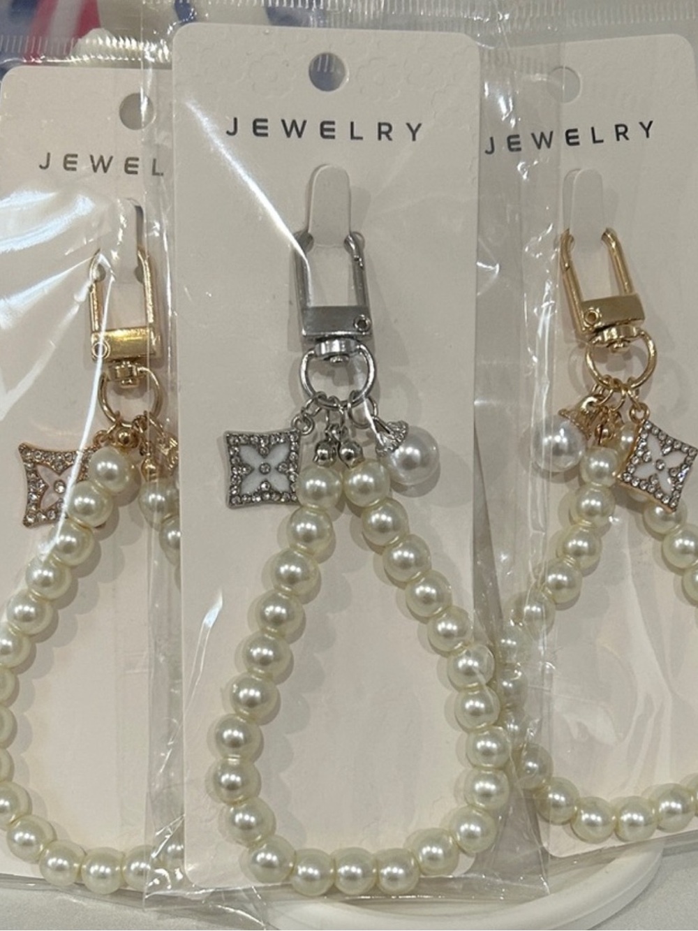 Pearl Beaded Wristlet Keychain with Crystal Charm